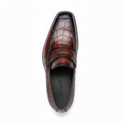 Men's Burgundy Leather Loafer Moccasins | Alligator Embossed Print - top-down-view