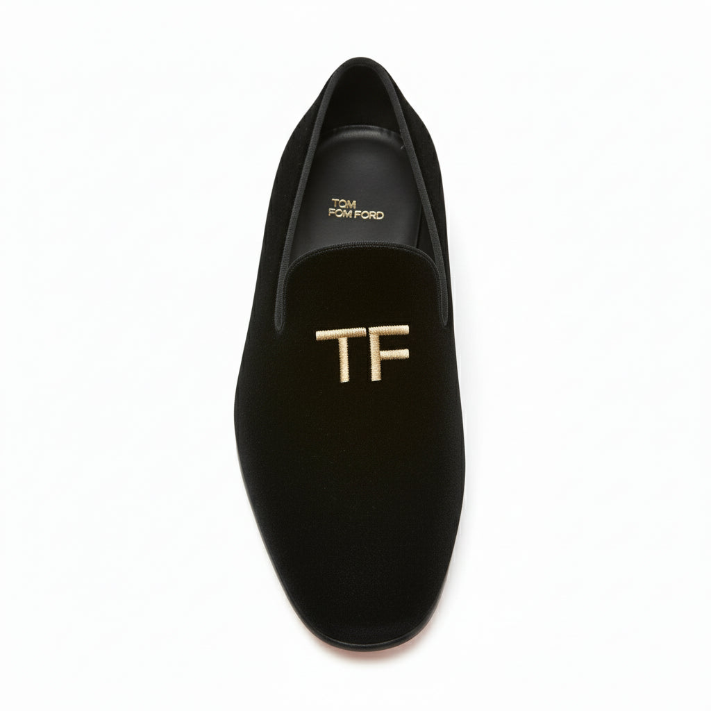 top-down-view - Men's Embroidered Velvet Leather Slippers