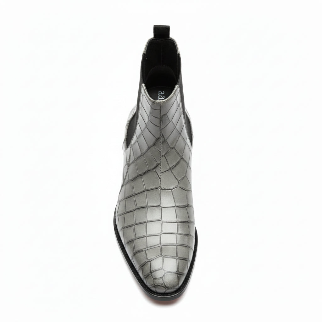 Men's Gray Crocodile Embossed Chelsea Leather Boots - top-down-view