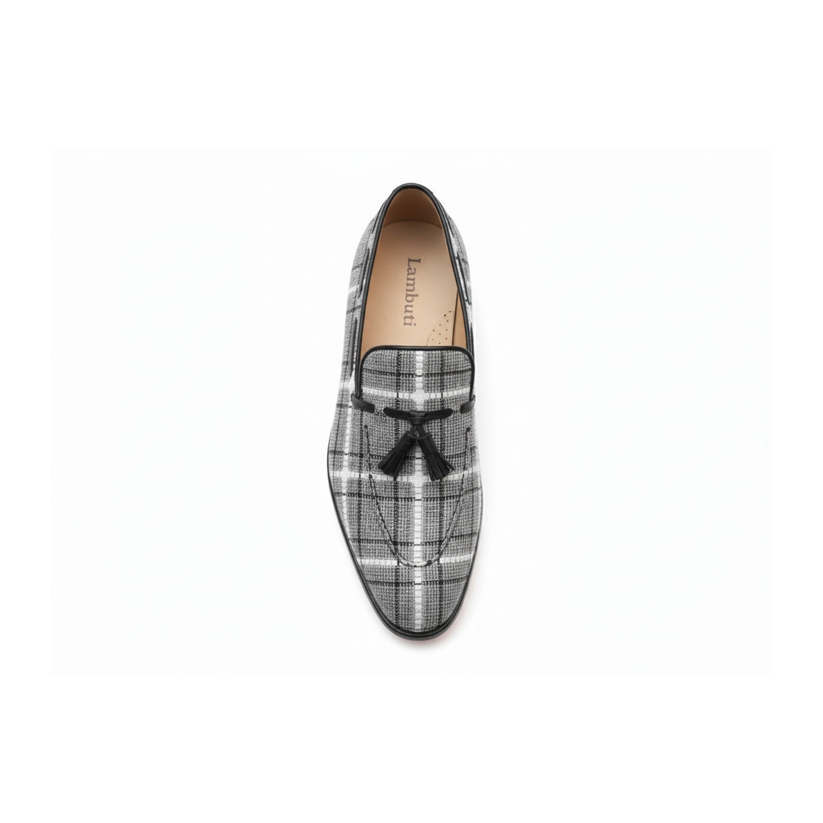 top-down-view - Men's Gray Tweed Fabric Loafers with Tassel Detail