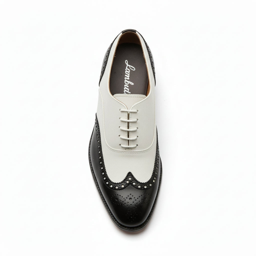 top-down-view - Men's Handmade Black & White Leather Wingtip Dress Shoes