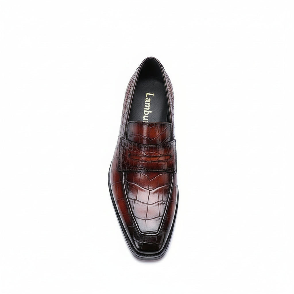 top-down-view - Men's Handmade Burgundy Alligator Pattern Leather Moccasins