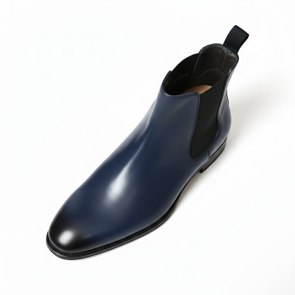 Men's Navy Blue Leather Ankle Chelsea Boots - top-down-view
