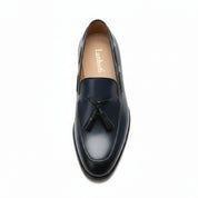 Men's Navy Blue Tassel Moccasins Leather Dress Shoes - top-down-view