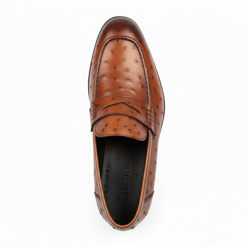 Men's Ostrich Print Leather Moccasins in Brown - top-down-view