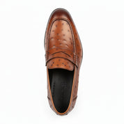 Men's Ostrich Print Leather Moccasins in Brown - top-down-view