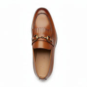 top-down-view - Men's Tan Brown Leather Moccasins Loafers with Tassel Accent