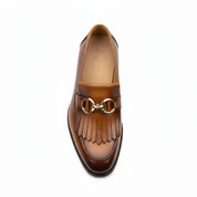 Men's Tan Leather Fringe Buckle Moccasins - top-down-view