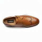 Men's Tan Wing Tip Brogue Monk Leather Shoes - top-down-view