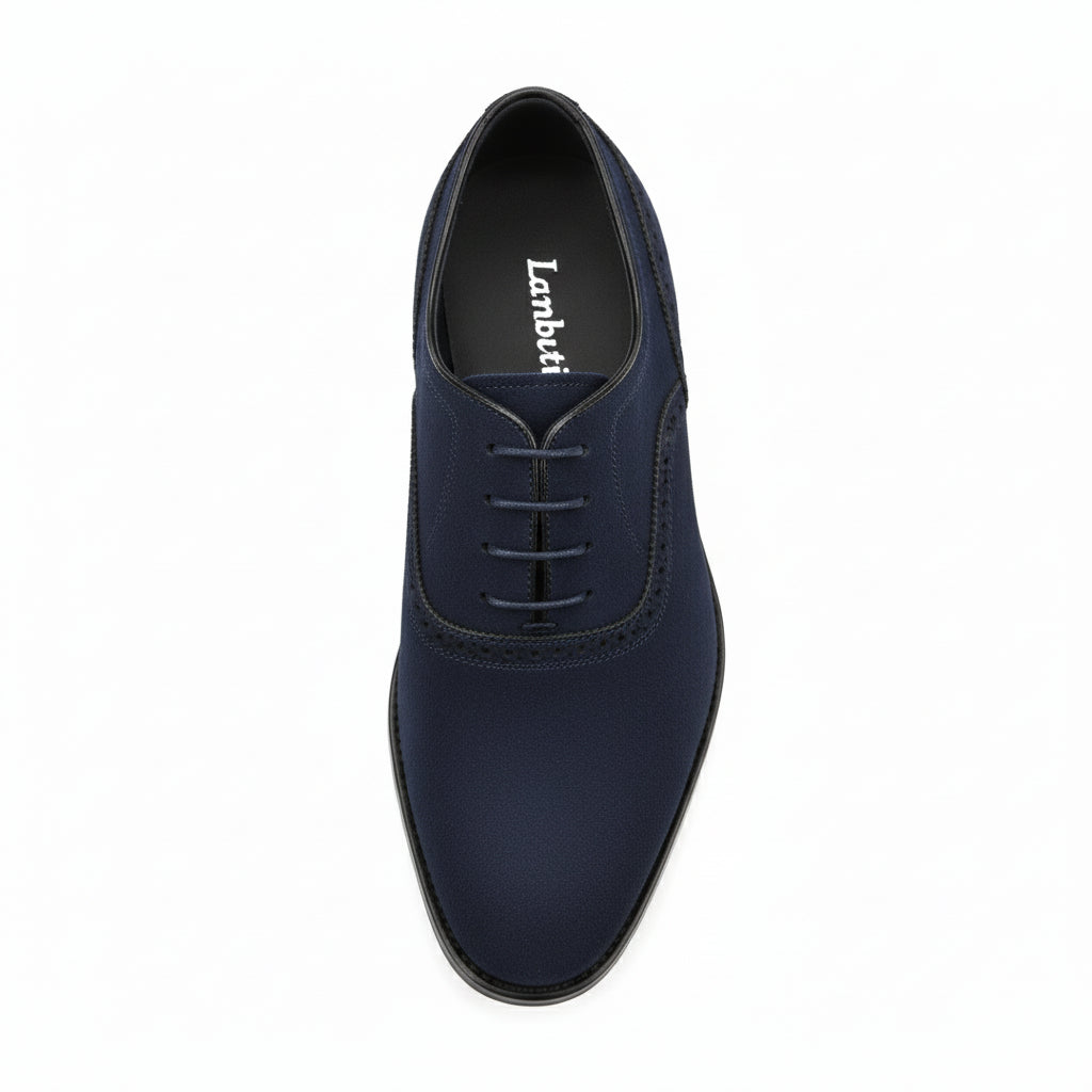 Men's Two-tone Wingtip Leather Dress Shoes in Black and Blue Suede - top-down-view