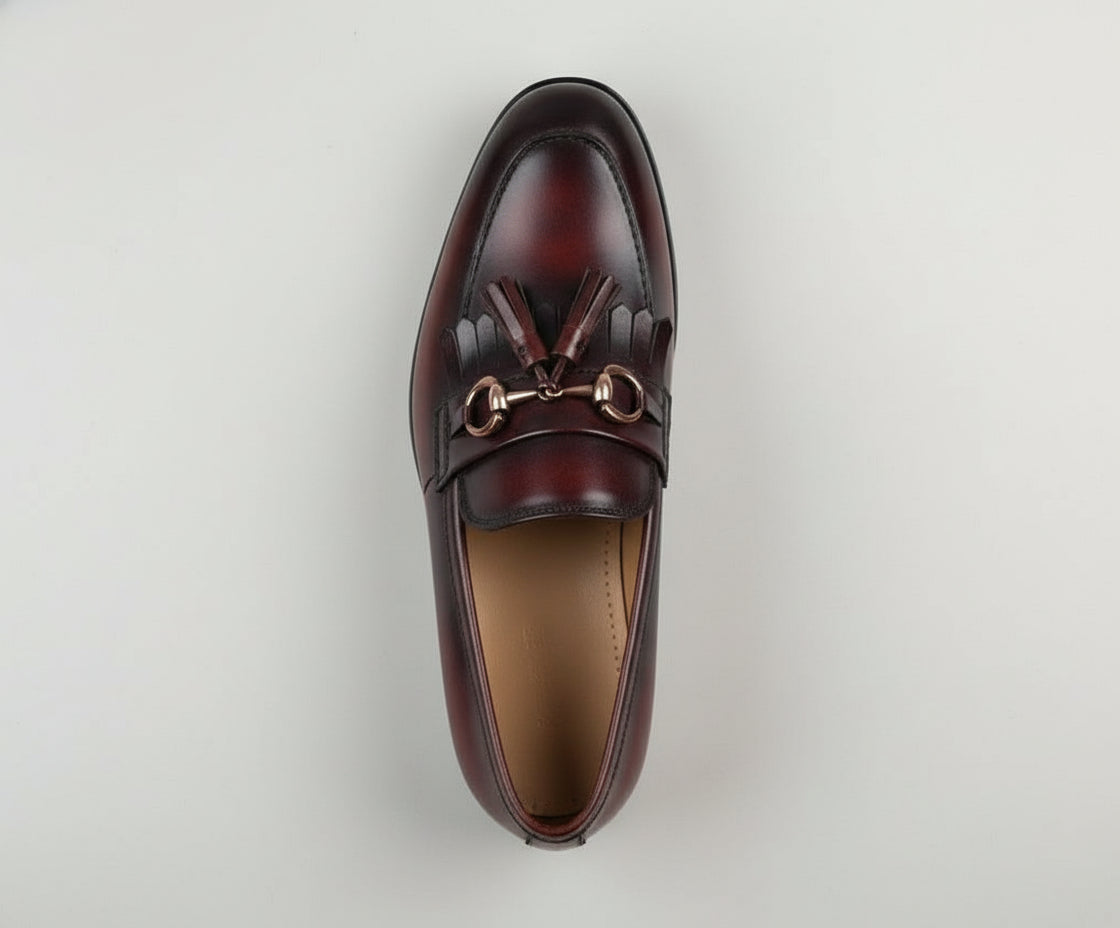 top-down-view - Handmade Men Burgundy Leather Fringe Dress Shoes, Men Leather Penny Loafer