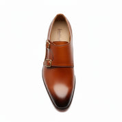 Tan Brown Monk Strap Leather Shoes with Buckle Closure - top-down-view