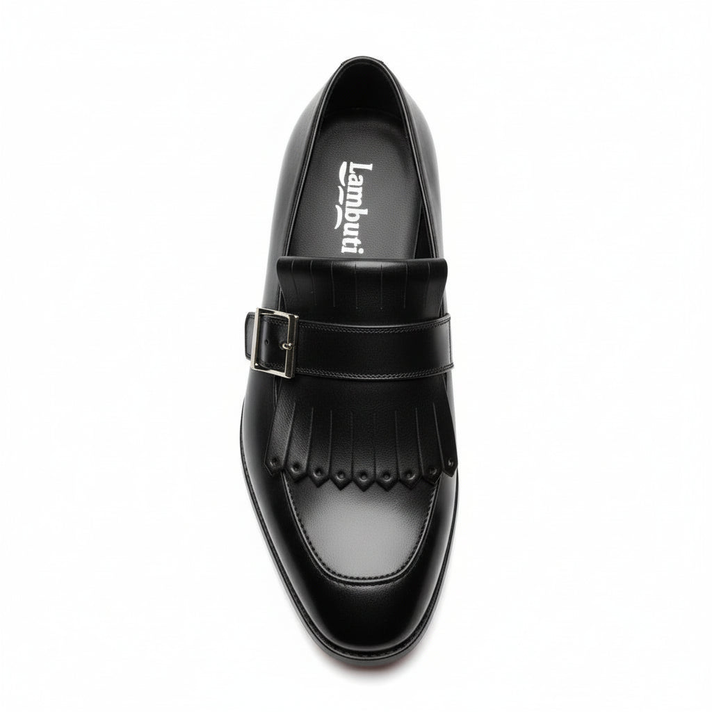 Men's Black Leather Fringe Buckle Loafers - top-down-view