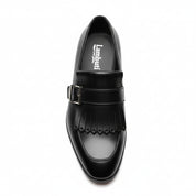 Men's Black Leather Fringe Buckle Loafers - top-down-view