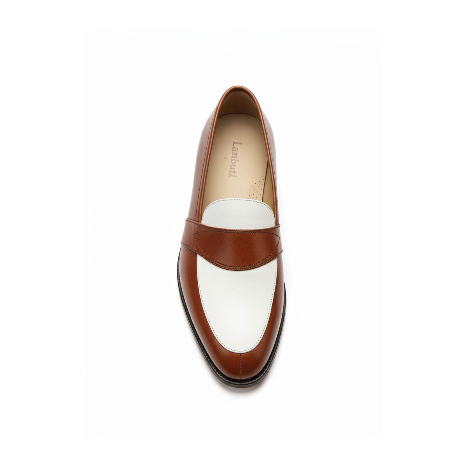 Two-Tone Leather Loafer Moccasins in Brown and White - top-down-view