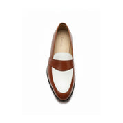 Two-Tone Leather Loafer Moccasins in Brown and White - top-down-view