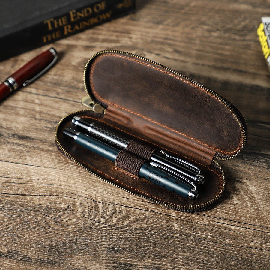 Travel-Ready Leather Pen Case with Secure Zipper