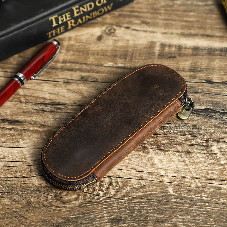 Travel-Ready Leather Pen Case with Secure Zipper