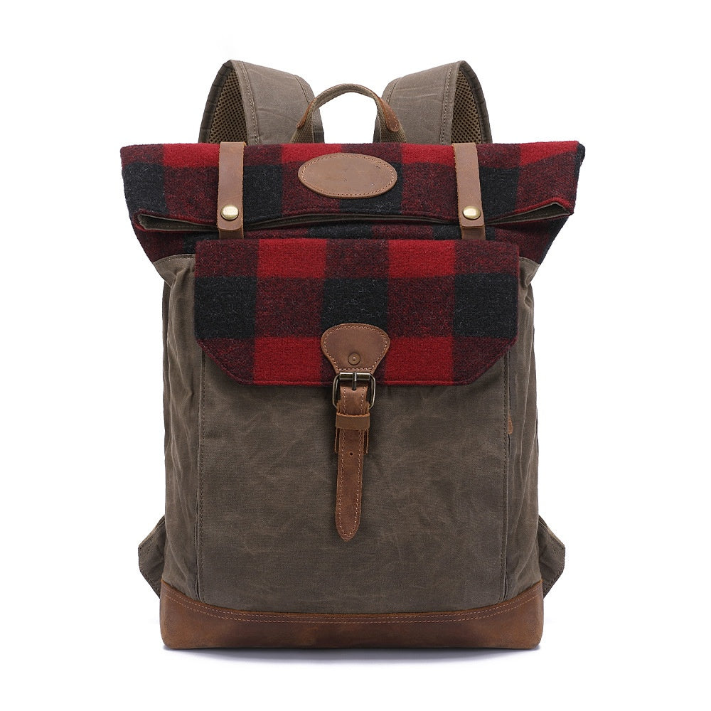 Waxed Canvas College Daypack & Business Backpack With Bufallo Plaid Design