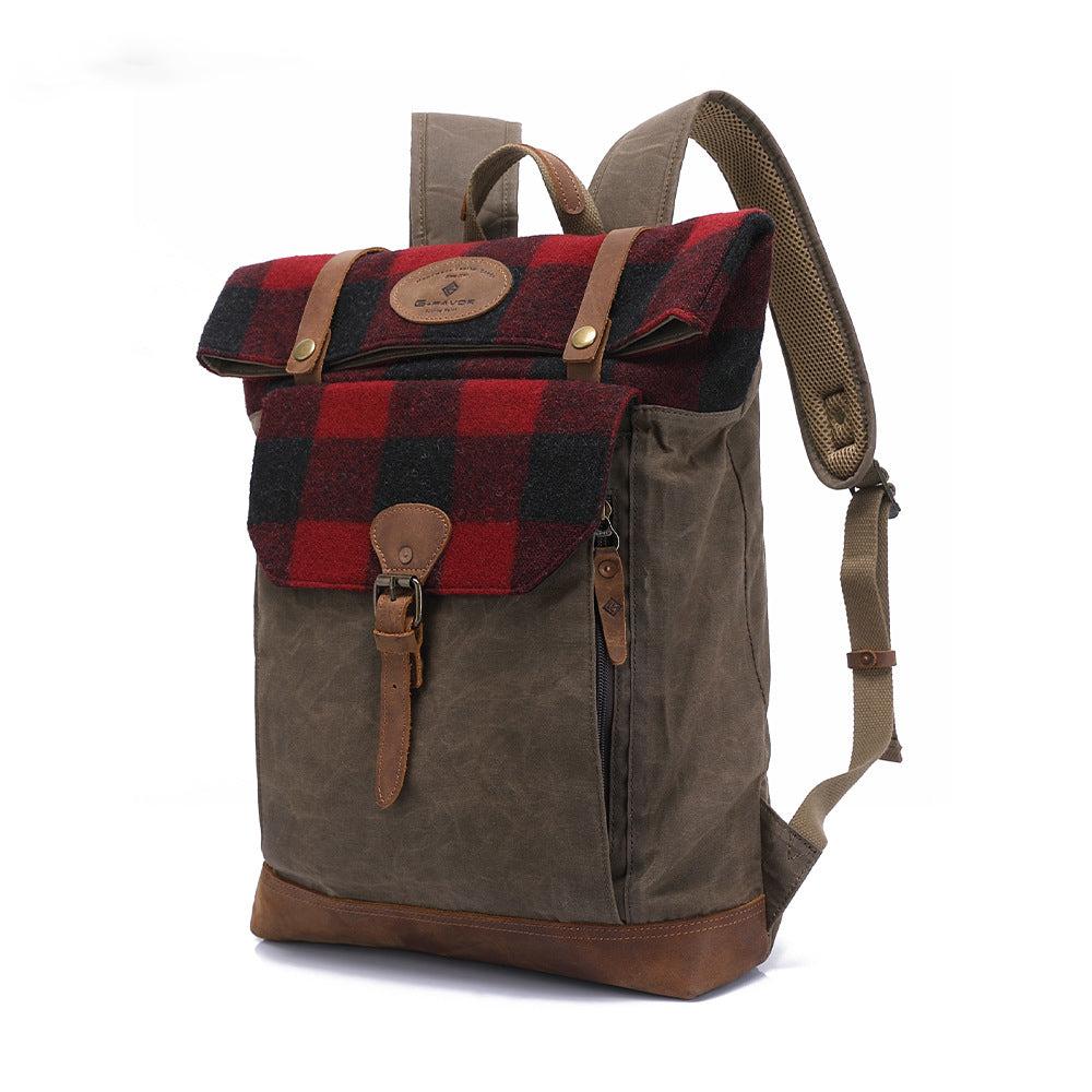 Waxed Canvas College Daypack & Business Backpack With Bufallo Plaid Design