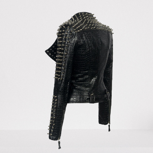 Alligator Textured Leather Rock Jacket with Studs and Spikes - Image 2
