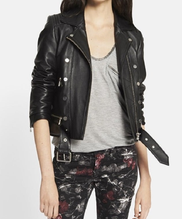 Women's Black Biker Leather Jacket | Sheepskin Belted Style
