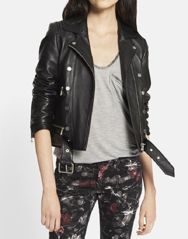 Women's Black Biker Leather Jacket | Sheepskin Belted Style
