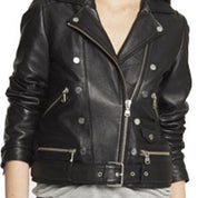Women's Black Biker Leather Jacket | Sheepskin Belted Style - Image 2