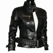 Women's Black Leather Belted Punk Jacket