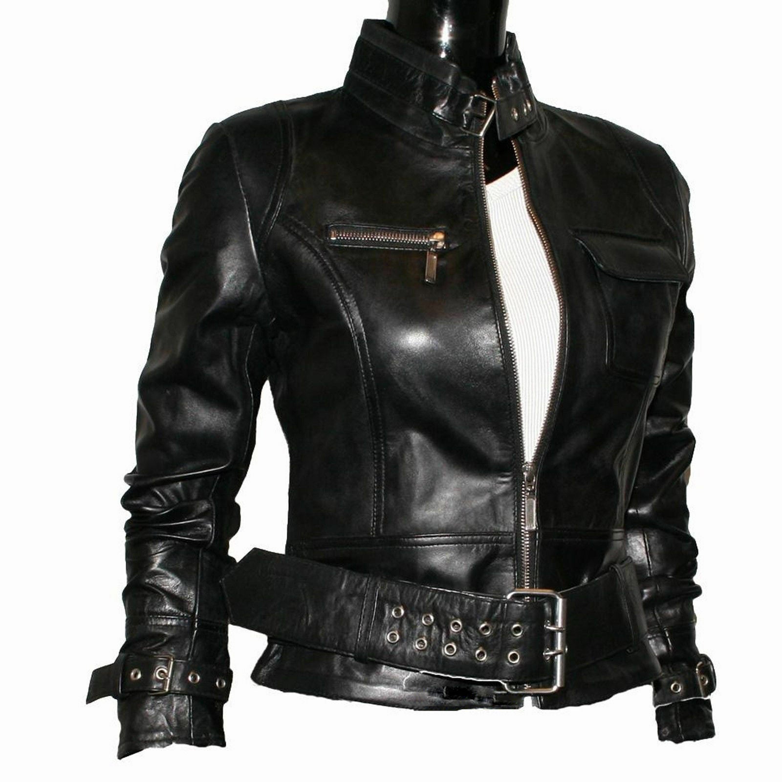 Women's Black Leather Belted Punk Jacket