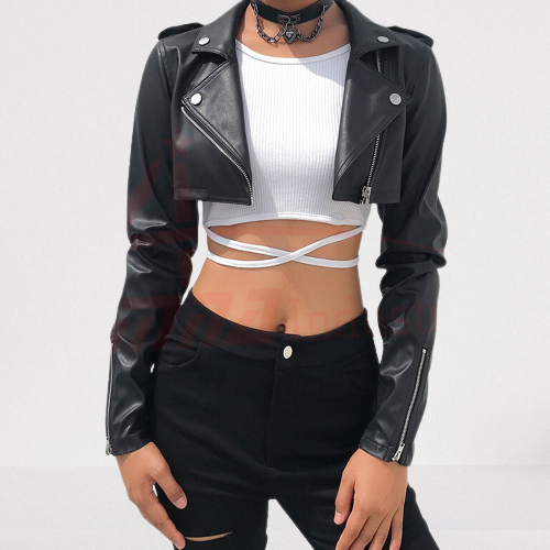 Women's Black Leather Cropped Biker Jacket