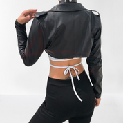 Women's Black Leather Cropped Biker Jacket - Image 2
