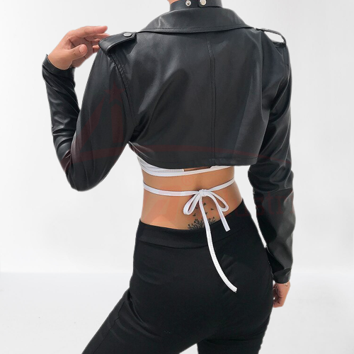 Women's Black Leather Cropped Biker Jacket - Image 2