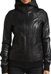 Black Leather Biker Jacket with Removable Hood for Women
