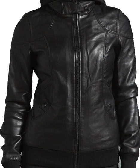 Black Leather Biker Jacket with Removable Hood for Women