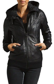 Black Leather Biker Jacket with Removable Hood for Women - Image 3