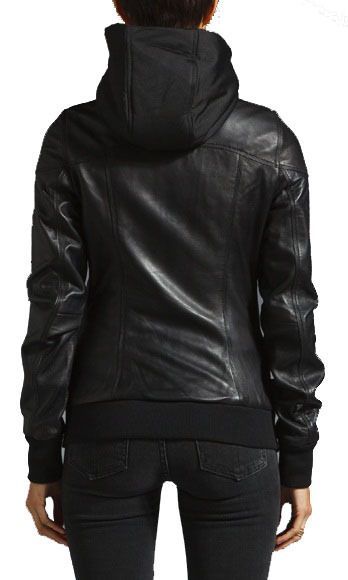 Black Leather Biker Jacket with Removable Hood for Women - Image 4
