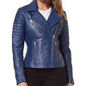 Handmade Women Blue Biker Leather Jacket, Women Leather Jacket, Motorcycle Jacket
