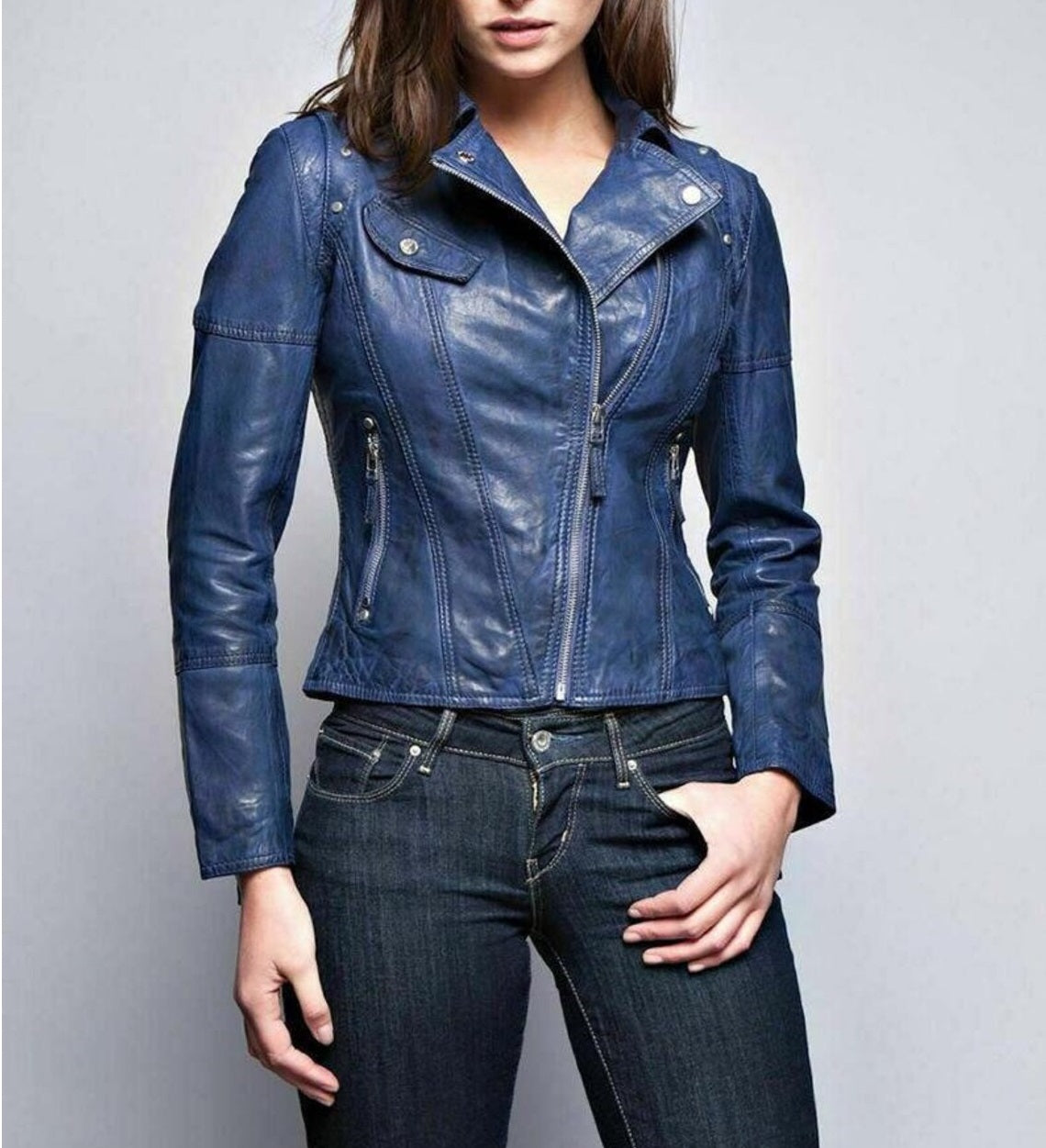 Women's Blue Leather Slimfit Biker Jacket