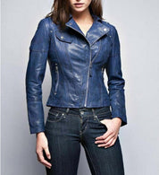 Women's Blue Leather Slimfit Biker Jacket