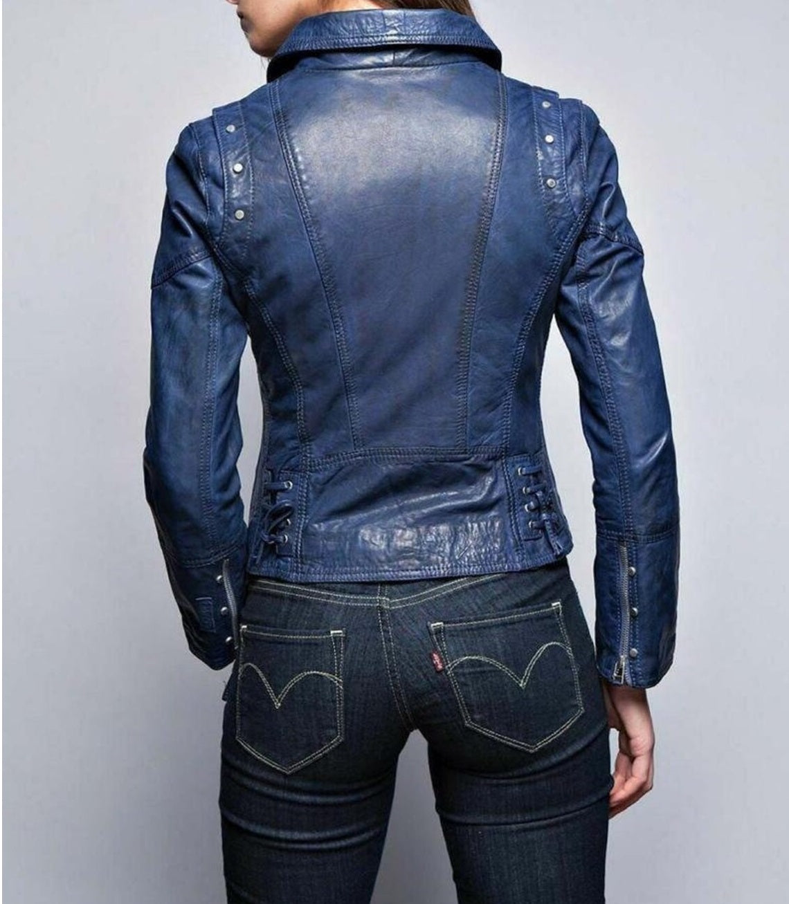 Women's Blue Leather Slimfit Biker Jacket - Image 2