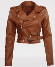 Women's Brown Leather Cropped Biker Jacket