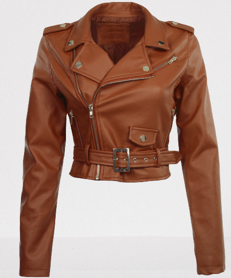 Women's Brown Leather Cropped Biker Jacket