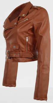 Women's Brown Leather Cropped Biker Jacket - Image 3