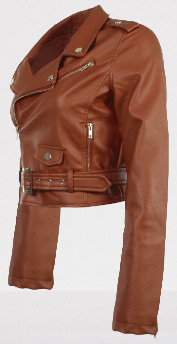 Women's Brown Leather Cropped Biker Jacket - Image 3