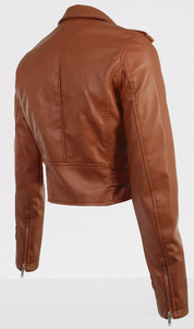 Women's Brown Leather Cropped Biker Jacket - Image 4