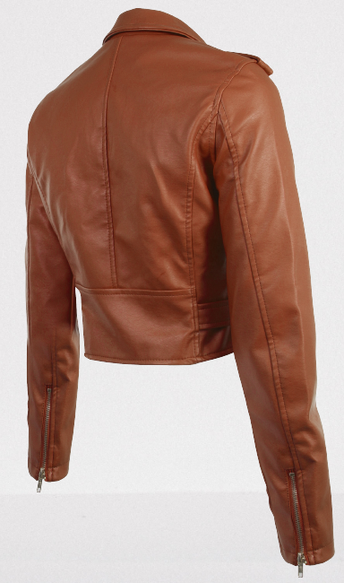Women's Brown Leather Cropped Biker Jacket - Image 4