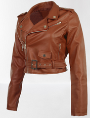 Women's Brown Leather Cropped Biker Jacket - Image 2