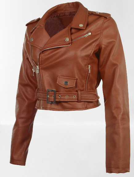 Women's Brown Leather Cropped Biker Jacket - Image 2