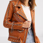 Women's Brown Leather Studded Jacket, Gothic Rock Style
